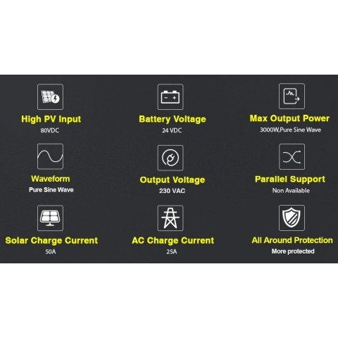 EASUN 3kW 24V ISolar-SPS-3KW (3000VA/3000W, Max CH 70A, AC 25)