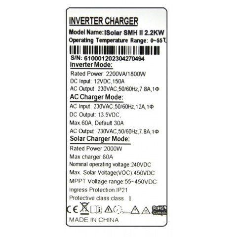 EASUN 2.2kW 12V ISolar-SMH-II-2.2KW (2200VA/1800W, Max CH 80A, AC 60)
