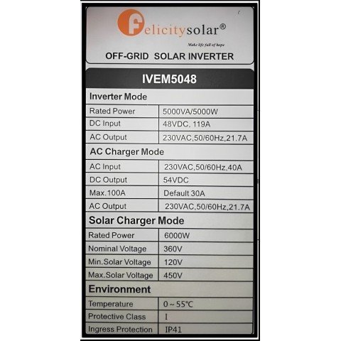Felicity Solar 5kW 48V IVEM5048 (5000VA/5000W, Max CH 100A, AC 100A)