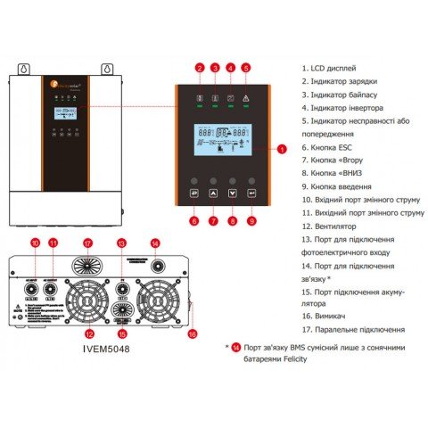 Felicity Solar 5kW 48V IVEM5048 (5000VA/5000W, Max CH 100A, AC 100A)