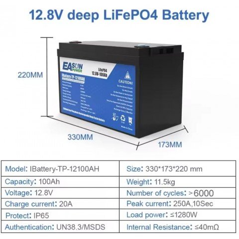 EASUN POWER LiFePo4 12V 100Ah BMS IBattery-TP-12100AH
