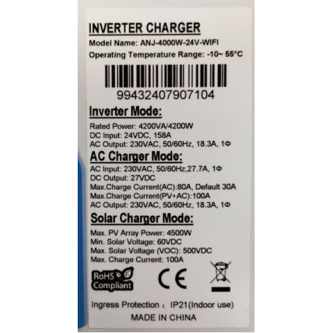 Anenji 4200W 24V ANJ-4000W-24V (4200VA/4200W, Max CH 100A, AC 80) Wi-Fi