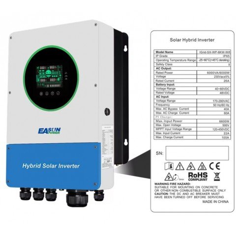 EASUN POWER 6.0kW 48V IGrid-SX-WP-6KW (6000VA/6000W Max CH 100A, AC 60) Wi-Fi