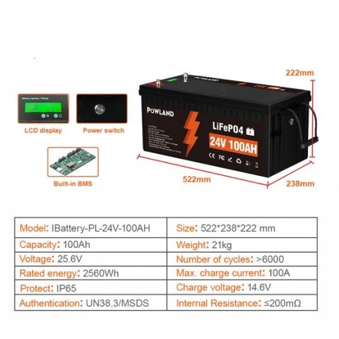 Powland 24V 100Ah IBattery-PL-24V-100AH (LiFePo4, BMS)