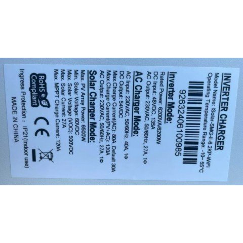 EASUN 6.2kW 48V ISolar-SMG-II-6.2KP-48V (6200VA/6200W, Max CH 120A, AC 80) Wi-Fi