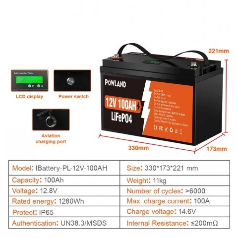 Powland 12V 100Ah IBattery-PL-12V-100AH (LiFePo4, BMS)