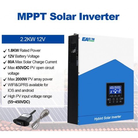 EASUN POWER 2.2kW 12V ISolar-SMH-II-2.2KW (2200VA/1800W, Max CH 80A, AC 60) Wi-Fi
