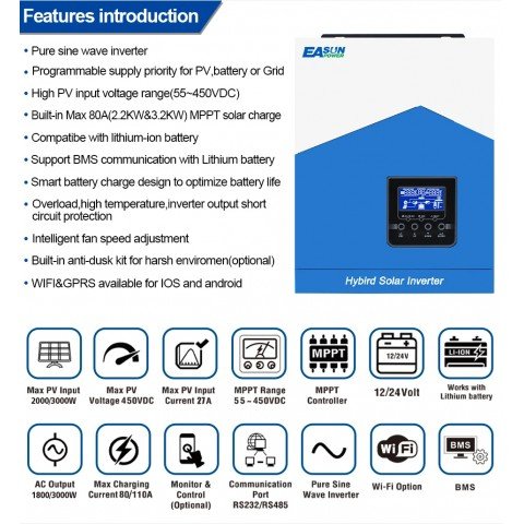 EASUN POWER 2.2kW 12V ISolar-SMH-II-2.2KW (2200VA/1800W, Max CH 80A, AC 60) Wi-Fi