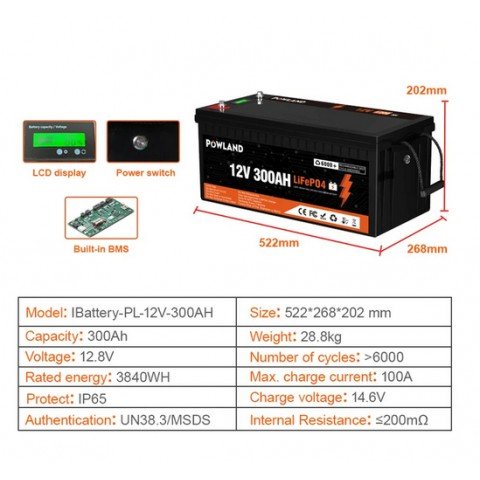 Powland 12V 300Ah IBattery-PL-12V-300AH (LiFePo4, BMS)
